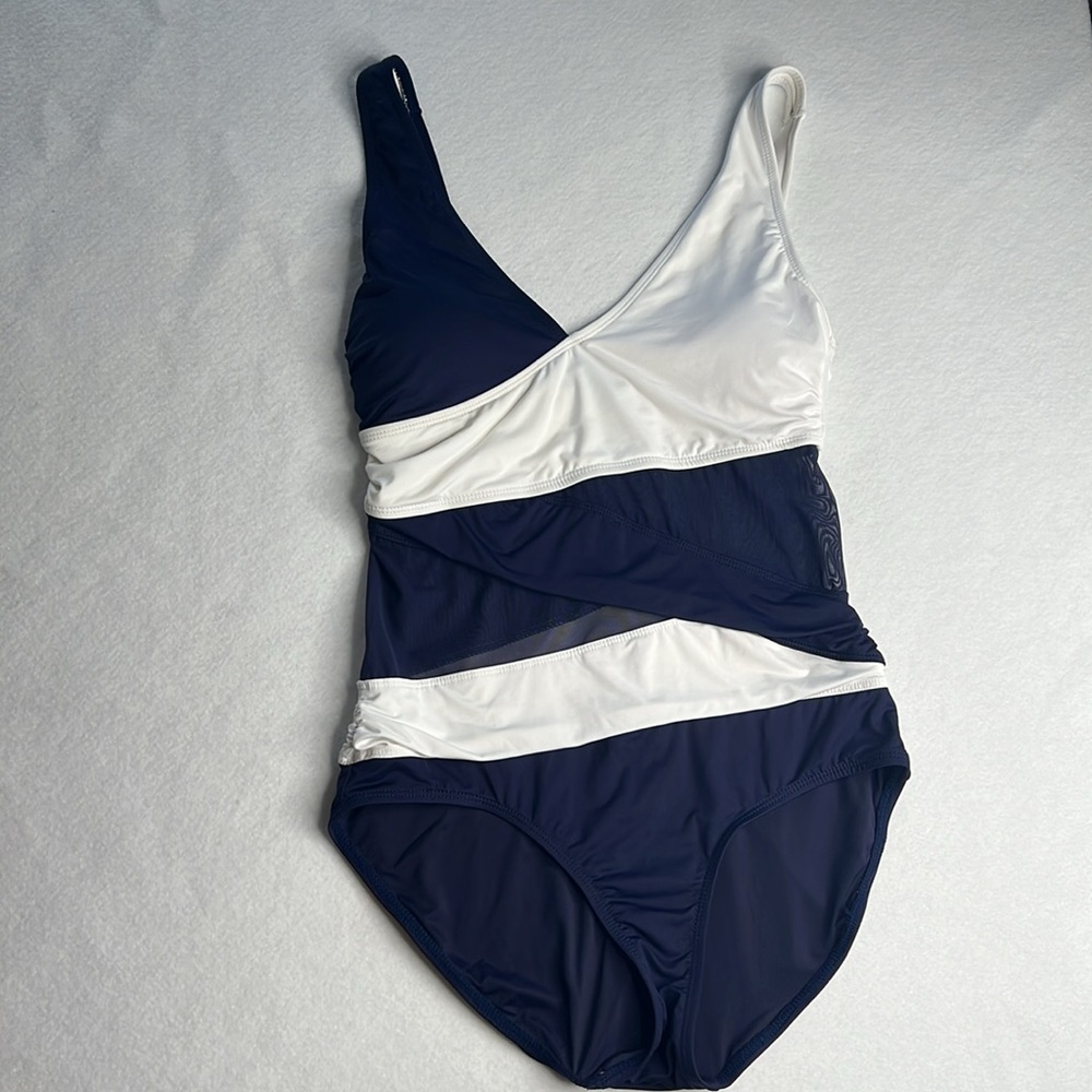 Anne Cole Navy and White Asymmetric One-Shoulder One-Piece